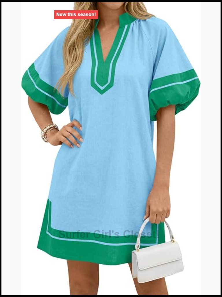 Puff Sleeve Mini Dress With Pockets Side Slit V Neck Color Block Loose Fit